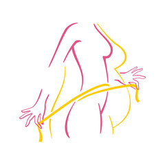Weight loss concept - dieting program logo (isolated icon) in form of abstract woman silhouette (fat and shapely figure) with measuring tape around 