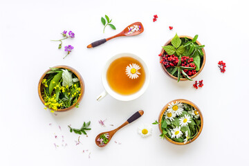 Cup of herbal tea with wild herbs and wild flowers