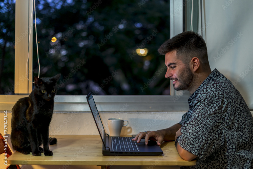 Poster shallow focus shot of a young brunette male working with a laptop