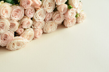 Flowers composition. Flower card mockup. Mother's Day, Valentine's Day, February 14th, birthday. Copy space. Congratulatory template. Wedding invitation.