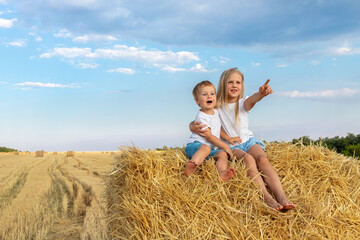 Naklejka na ściany i meble Two cute adorable caucasian siblings enjoy having fun sitting on top over golden hay bale on wheat harvested field near farm. Happy childhood and freedom concept. Rural countryside scenic landscape