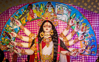 Close up view of Maa Durga's Face during Durga Puja .Durga Puja or Durgotsava,is an annual Hindu...