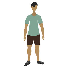 Young Latino man posing. The sportswear model leads a healthy lifestyle. Flat style. Vector illustration. Isolated white background. A man with a stylish haircut. A guy in a T-shirt, shorts.