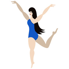 Graceful performer. A slender ballerina is dancing. Flat style. Vector illustration. Isolated white background. Body positive. Model with long legs in a blue swimsuit. Woman with long hair. 