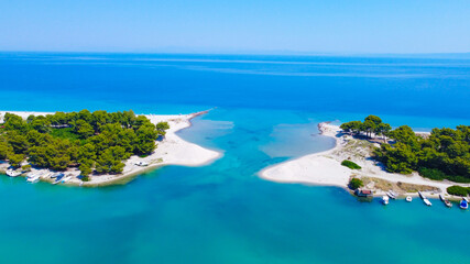 Exotic two sand beaches and blue sea between them. Aerial view 