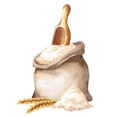 Watercolor flour sack with wheat isolated on white background. Watercolour food illustration.