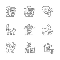 Animal care business linear icons set. Professional assistance for pet owners. Dog healthcare customizable thin line contour symbols. Isolated vector outline illustrations. Editable stroke