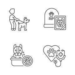 Pet treatment services linear icons set. Dog walking, animal washing, vet examination and funeral service customizable thin line contour symbols. Isolated vector outline illustrations. Editable stroke