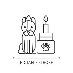 Pet party events organization service linear icon. Dog birthday celebration thin line customizable illustration. Contour symbol. Puppy with cake vector isolated outline drawing. Editable stroke