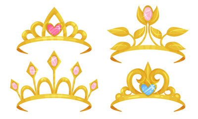 Golden Tiaras or Diadem with Gemstones Vector Set