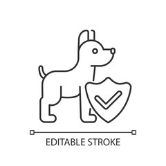 Pet insurance linear icon. Offering healthcare plans for domestic animals thin line customizable illustration. Contour symbol. Dog welfare protection. Vector isolated outline drawing. Editable stroke