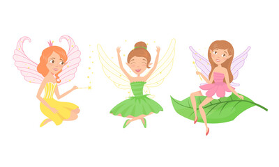 Little Fairy or Pixie with Wings Holding Magic Wand Vector Illustration Set
