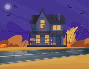 Halloween themed house semi flat vector illustration. Frightening and mystical two-storied building. Spooky vibes. Pumpkins, night bats, autumn season 2D cartoon scene for commercial use