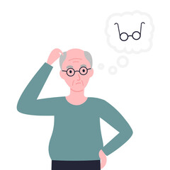 Grandpa looking for his eyeglasses. Grandfather lost glasses. Sclerosis or alzheimer's symptom. Flat vector cartoon illustration.
