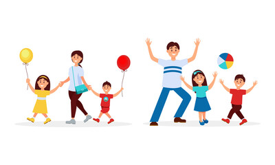 Happy Family Members with Parents and Kids Spending Time Together Vector Illustration Set