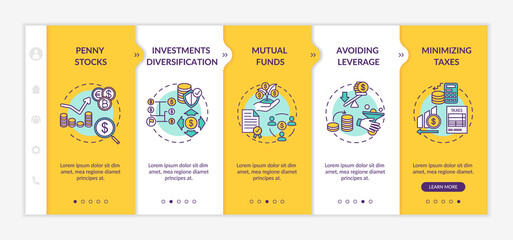Business investment tips onboarding vector template. Capital management and financial analysis. Responsive mobile website with icons. Webpage walkthrough step screens. RGB color concept