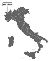Landkarte von Italien mit Ortsschild von Valle d´Aosta