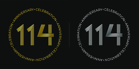 114th birthday. One hundred and fourteen years anniversary celebration banner in golden and silver colors. Circular logo with original numbers design in elegant lines.