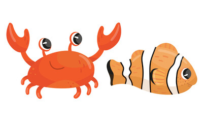 Funny Marine Animals with Crab and Fish Vector Set