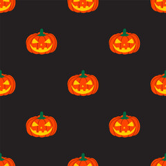 Seamless Halloween pumpkin pattern with carved faces on a black background. Design for Halloween and thanksgiving. Hand-drawn vector illustration