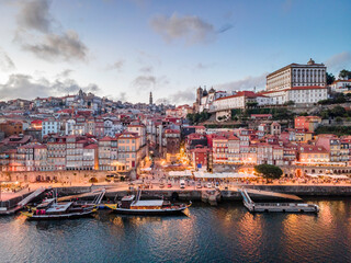 Aerial view of city center of Porto at the evening, Portugal