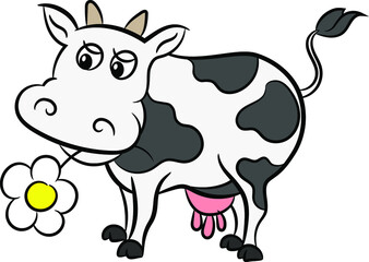 Cute cow with flower cartoon, vector printing logo design