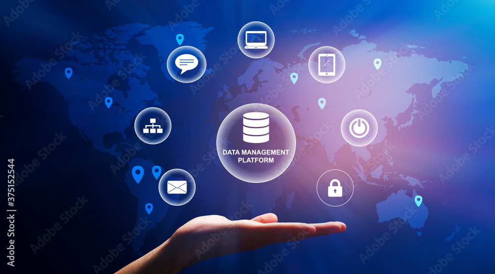 Poster Male hand holding bubble with data management platform text and different multimedia icons