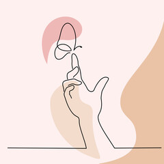 Hand with butterfly on finger. Line art drawing