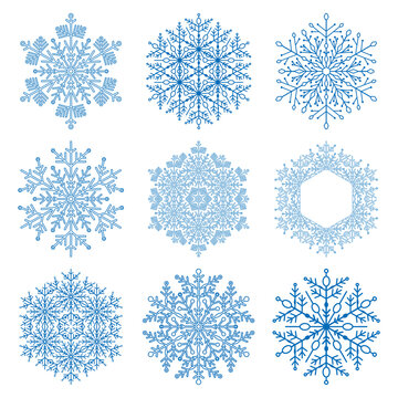 Set of vector snowflakes. Fine winter ornaments. Snowflakes collection. Blue snowflakes for backgrounds and designs