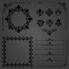 Vintage set of vector horizontal, square and round elements. Black elements for backgrounds, frames and monograms. Classic black patterns. Set of vintage patterns