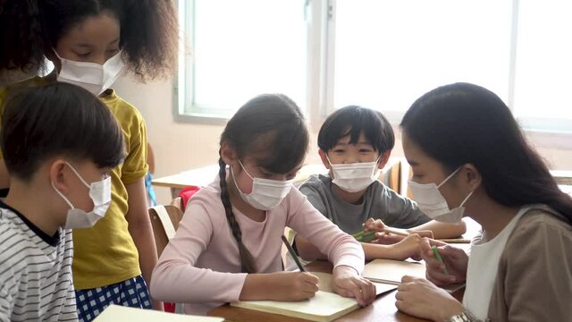 Group of diverse students in school building discussing in group study class. Elementary pupils are wearing a face mask while brainstorming. Covid-19 school reopen concept.