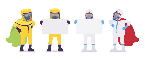 Man in hazmat clothing, disposable coverall with copy space banner. Workers in level A, C suit, chemical resistant gloves, hooded apparel, breathing apparatus. Vector flat style cartoon illustration