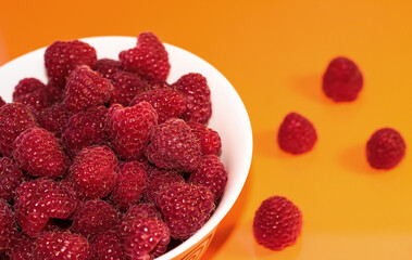 Raspberries ripe in a white bowl on a bright background.