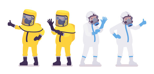 Man in hazmat protective clothing, gloves and disposable coverall. Workers in level A, C suit, chemical resistant gloves, hooded apparel, breathing apparatus. Vector flat style cartoon illustration