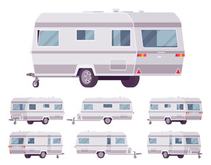 RV vintage style camper, travel trailer for outdoor adventures. Functional vacation van, camping experience and caravanning family lifestyle. Vector flat style cartoon illustration, different views