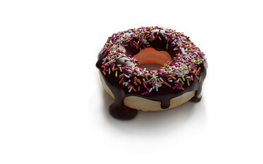 3D rendering of a chocolate donut with colorful sugar sprinkles on top isolated on neutral white.