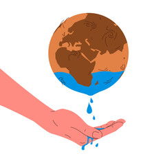 Earth globe water resources. Vector concept illustration of dry red planet earth sphere representing depletion, lack of the drinking water resources. Drops of water fall from the globe into the palm