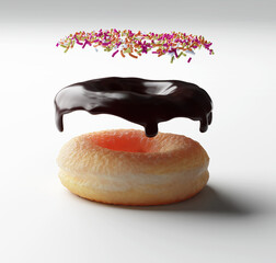 3D rendering.  Chocolate donut with chocolate icing and sugar sprinkles floating . Exploded view....