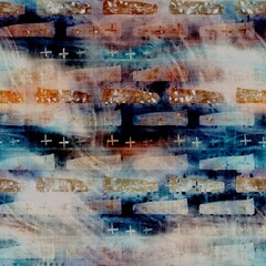 Blurry watercolor glitch artistic geo texture background. Irregular bleeding tie dye seamless pattern. Ombre distorted boho batik all over print. Variegated trendy moody dark wet effect.
