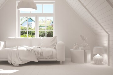 Stylish room in white color with sofa and green landscape in window. Scandinavian interior design. 3D illustration