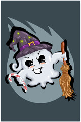 Cute white ghost wearing wizard hat bring candy and magic broom