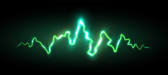 Realistic green lightning with sparks and glow, vector illustration