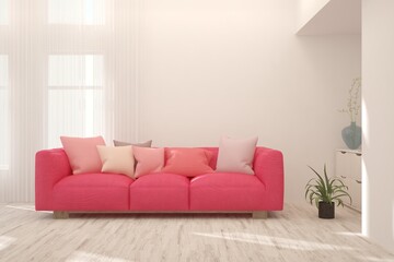 White stylish minimalist room with pink sofa. Scandinavian interior design. 3D illustration