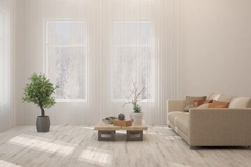 White stylish minimalist room with sofa. Scandinavian interior design. 3D illustration