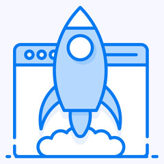 
An icon design of rocket with website, website launch in trendy style 
