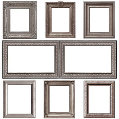 Set of silver frames for paintings, mirrors or photo isolated on white background