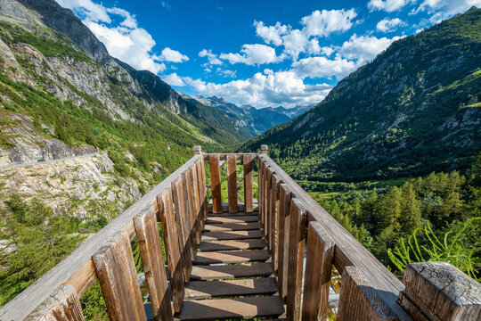 Panorama of the Formazza Valley, where the Toce river forms a waterfall in La Frua (Northern Italy, Piedmont, on the border with Switzerland).