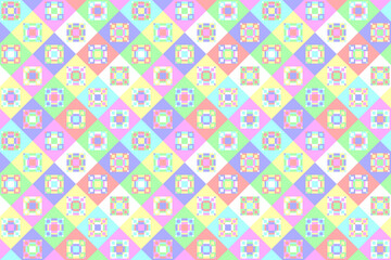 Bright geometric seamless pattern with diamonds and stripes. Colorful mosaic kaleidoscope in pastel colors. Stock illustration for web and print, backgound, wallpaper, wrapping paper, textile