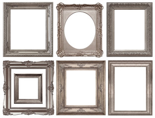 Set of silver frames for paintings, mirrors or photo isolated on white background