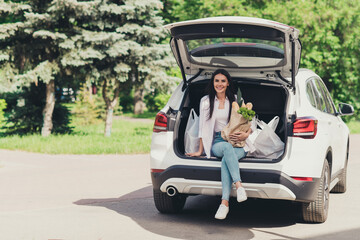 Portrait of her she nice attractive cheerful lady sitting in trunk carrying fresh homemade domestic cooking ingredients vegan vegs bio farm cafe restaurant order takeout takeaway supply © deagreez